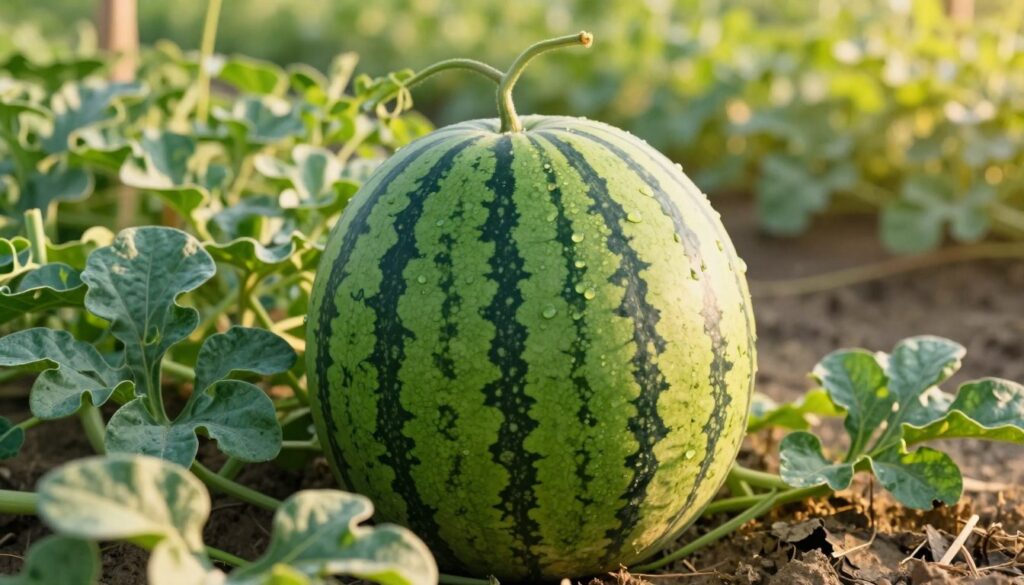 A close-up view of a ripe watermelon in a lush garden setting. The watermelon should be vibrant green with darker stripes, showcasing its fully ripe condition, sitting among large green leaves. The background features rows of healthy watermelon plants under the warm afternoon sun, casting soft shadows on the ground. Include a few dew drops on the watermelon surface to enhance freshness, and capture the scene with a shallow depth of field to draw focus on the fruit. The lighting should be warm and inviting, creating a relaxed and tranquil atmosphere, ideal for illustrating the concept of recognizing a mature watermelon before harvest. The composition should be clear, detailed, and free of any text or extraneous elements. A close-up view of a ripe watermelon in a lush garden setting. The watermelon should be vibrant green with darker stripes, showcasing its fully ripe condition, sitting among large green leaves. The background features rows of healthy watermelon plants under the warm afternoon sun, casting soft shadows on the ground. Include a few dew drops on the watermelon surface to enhance freshness, and capture the scene with a shallow depth of field to draw focus on the fruit. The lighting should be warm and inviting, creating a relaxed and tranquil atmosphere, ideal for illustrating the concept of recognizing a mature watermelon before harvest. The composition should be clear, detailed, and free of any text or extraneous elements.
