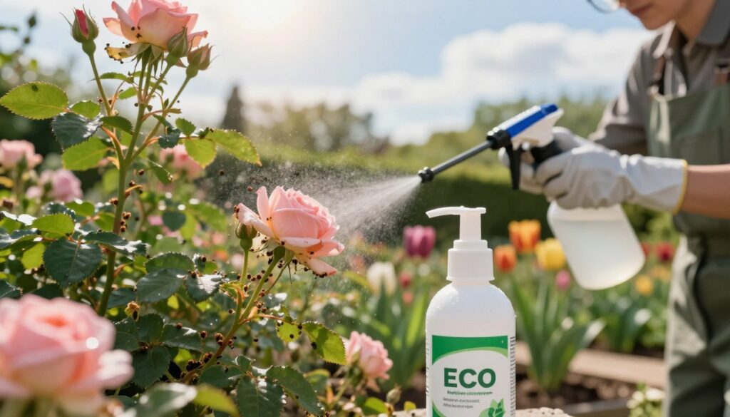 A close-up view of a vibrant rose garden infested with aphids, showcasing various methods of chemical pest control. In the foreground, a bottle of eco-friendly pesticide sits prominently, with droplets glistening under natural sunlight. The middle ground features lush green rose bushes, some with visible clusters of aphids, emphasizing the need for intervention. A gardener in professional attire, wearing gloves and protective eyewear, carefully applies the pesticide to the affected roses with a hand sprayer. The background highlights a serene garden setting with soft-focus tulips and a blue sky, lending an atmosphere of a peaceful, healthy garden. The lighting should be warm and inviting, creating a sense of safety and care in pest management. A close-up view of a vibrant rose garden infested with aphids, showcasing various methods of chemical pest control. In the foreground, a bottle of eco-friendly pesticide sits prominently, with droplets glistening under natural sunlight. The middle ground features lush green rose bushes, some with visible clusters of aphids, emphasizing the need for intervention. A gardener in professional attire, wearing gloves and protective eyewear, carefully applies the pesticide to the affected roses with a hand sprayer. The background highlights a serene garden setting with soft-focus tulips and a blue sky, lending an atmosphere of a peaceful, healthy garden. The lighting should be warm and inviting, creating a sense of safety and care in pest management.