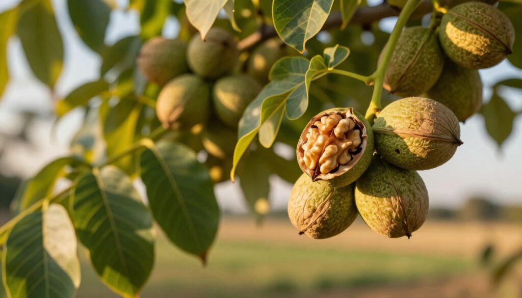 A close-up view of a walnut tree branch, showcasing ripe walnuts hanging in clusters, ready for harvest. The foreground features rich green leaves dotted with sunlight, highlighting the walnuts' textured, brown shells. In the middle ground, a few walnuts are cracked open, revealing their light tan, edible kernels with a glossy sheen, hinting at their freshness. The background showcases a blurred rural landscape, with soft golden sunlight filtering through the tree canopy, creating a warm and inviting atmosphere. The image captures an early autumn mood, emphasizing the transition of the walnuts from green to brown, indicating perfect timing for collection. The focus is sharp on the nuts and leaves, with a shallow depth of field.