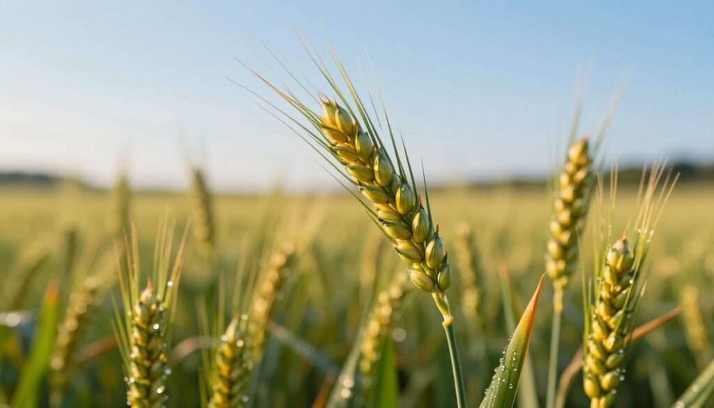 A close-up view of a wheat ear in the BBCH growth stage, highlighting its delicate structure with fully developed spikes and pollen anthers. The foreground showcases the vibrant green of the wheat stems, glistening with morning dew. In the middle, the wheat ear stands prominently, its golden grains glimmering under warm sunlight, creating a sense of warmth and vitality. The background features a soft-focus landscape of rolling fields under a clear blue sky, evoking a serene rural atmosphere. The lighting is natural, emphasizing the intricate details of the wheat and its reproductive parts. The overall mood is tranquil and optimistic, reflecting the significance of this growth stage in wheat cultivation. A close-up view of a wheat ear in the BBCH growth stage, highlighting its delicate structure with fully developed spikes and pollen anthers. The foreground showcases the vibrant green of the wheat stems, glistening with morning dew. In the middle, the wheat ear stands prominently, its golden grains glimmering under warm sunlight, creating a sense of warmth and vitality. The background features a soft-focus landscape of rolling fields under a clear blue sky, evoking a serene rural atmosphere. The lighting is natural, emphasizing the intricate details of the wheat and its reproductive parts. The overall mood is tranquil and optimistic, reflecting the significance of this growth stage in wheat cultivation.