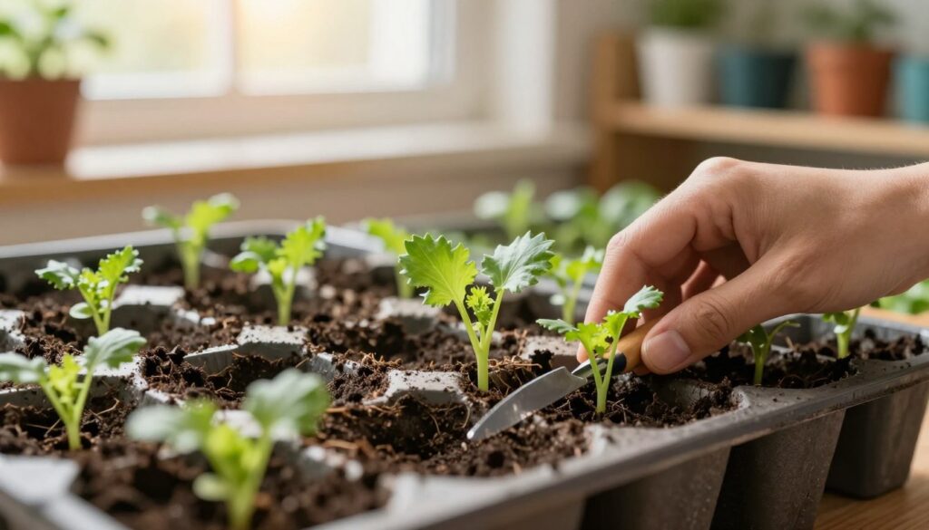 A close-up view of an indoor gardening setup featuring young celery seedlings being pricked out from a seed tray into small pots. In the foreground, the delicate seedlings are showing their bright green, feathery leaves, and are carefully handled with a small gardening tool. The middle ground showcases various pots filled with nutrient-rich soil, emphasizing the process of transplanting. In the background, soft, natural lighting filters in through a window, creating a warm and nurturing atmosphere. The background should include gently blurred shelves lined with gardening supplies and sunlight streaming, enhancing the sense of growth and care in cultivating plants. The overall mood is positive and encouraging, highlighting the importance of seedling transplanting in garden planning. A close-up view of an indoor gardening setup featuring young celery seedlings being pricked out from a seed tray into small pots. In the foreground, the delicate seedlings are showing their bright green, feathery leaves, and are carefully handled with a small gardening tool. The middle ground showcases various pots filled with nutrient-rich soil, emphasizing the process of transplanting. In the background, soft, natural lighting filters in through a window, creating a warm and nurturing atmosphere. The background should include gently blurred shelves lined with gardening supplies and sunlight streaming, enhancing the sense of growth and care in cultivating plants. The overall mood is positive and encouraging, highlighting the importance of seedling transplanting in garden planning.