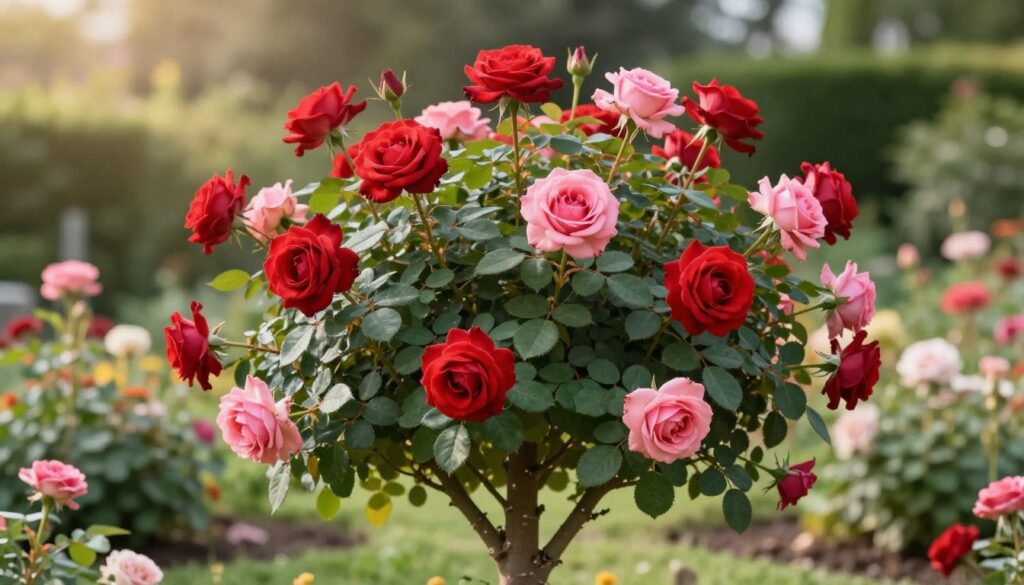 A close-up view of beautifully pruned standard roses ("róże na pniu") in full bloom, showcasing vibrant colors such as deep reds and soft pinks against lush green foliage. The roses are mounted on sturdy, well-maintained trunks, demonstrating the ideal form of a compact crown. In the background, a softly blurred garden setting filled with various flowering plants and gentle sunlight filtering through the leaves creates a serene atmosphere. The image is captured with a macro lens to highlight the intricate details of the rose petals and the smooth texture of the tree trunks. The lighting is warm and inviting, evoking a sense of care and expertise in rose gardening. No text or watermarks will be present. A close-up view of beautifully pruned standard roses ("róże na pniu") in full bloom, showcasing vibrant colors such as deep reds and soft pinks against lush green foliage. The roses are mounted on sturdy, well-maintained trunks, demonstrating the ideal form of a compact crown. In the background, a softly blurred garden setting filled with various flowering plants and gentle sunlight filtering through the leaves creates a serene atmosphere. The image is captured with a macro lens to highlight the intricate details of the rose petals and the smooth texture of the tree trunks. The lighting is warm and inviting, evoking a sense of care and expertise in rose gardening. No text or watermarks will be present.