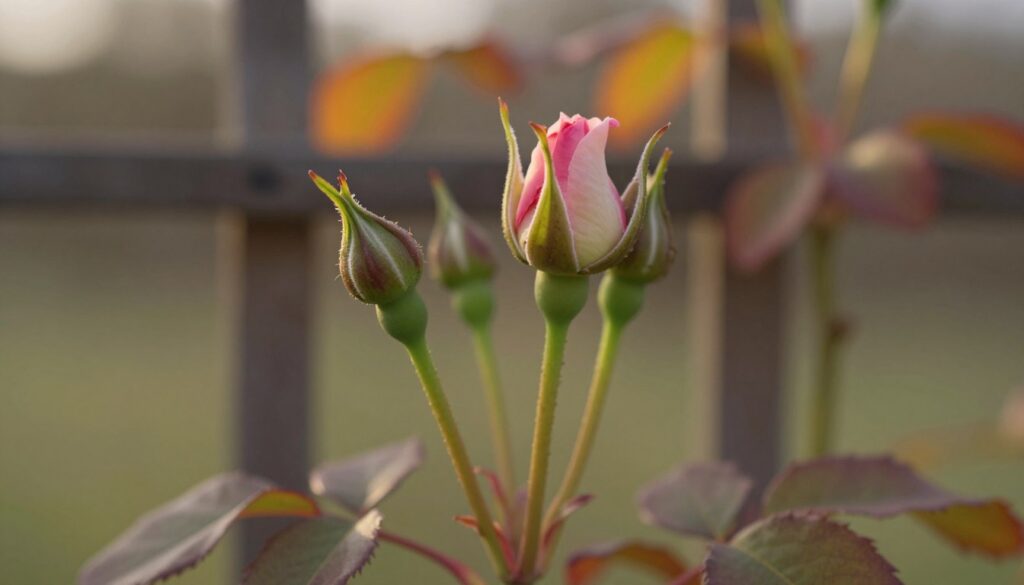 A close-up view of climbing rose buds just before winter, showcasing their delicate, uncut green stems with a few autumn leaves clinging on. In the foreground, the buds are highlighted against a blurred background of a trellis, emphasizing the importance of preserving their growth. Soft, warm sunlight filters through the leaves, creating a gentle glow that enhances the vibrant pink and creamy white colors of the rose buds. The scene conveys a serene and contemplative mood, capturing the essence of late autumn as it transitions to winter. The focus is sharp on the rose buds, while the background remains softly out of focus, drawing the viewer’s attention to the intricate details of the buds and their healthy appearance. A close-up view of climbing rose buds just before winter, showcasing their delicate, uncut green stems with a few autumn leaves clinging on. In the foreground, the buds are highlighted against a blurred background of a trellis, emphasizing the importance of preserving their growth. Soft, warm sunlight filters through the leaves, creating a gentle glow that enhances the vibrant pink and creamy white colors of the rose buds. The scene conveys a serene and contemplative mood, capturing the essence of late autumn as it transitions to winter. The focus is sharp on the rose buds, while the background remains softly out of focus, drawing the viewer’s attention to the intricate details of the buds and their healthy appearance.