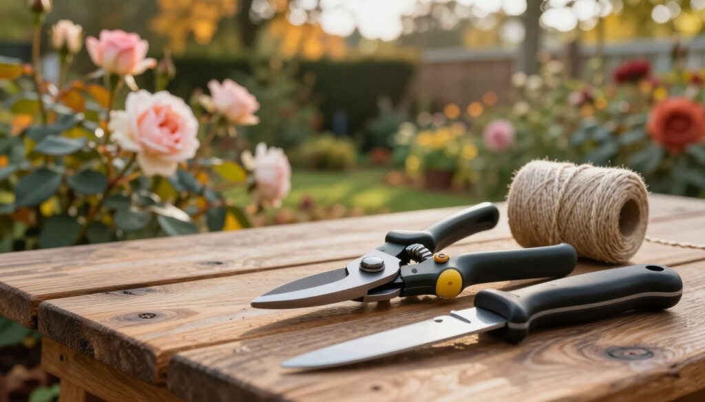 A close-up view of essential rose pruning tools on a rustic wooden table, including a high-quality pair of pruning shears with shiny blades, a sturdy garden knife, and a roll of garden twine. In the background, a lush garden with blooming roses and fall leaves creates a warm atmosphere indicative of autumn preparation. The lighting is soft and natural, suggesting a late afternoon sun filtering through the trees. The angle captures the tools in sharp focus, emphasizing their craftsmanship while softly blurring the background to keep attention on the tools. The scene evokes a sense of readiness for winter gardening tasks, conveying professionalism and expertise in rose care. A close-up view of essential rose pruning tools on a rustic wooden table, including a high-quality pair of pruning shears with shiny blades, a sturdy garden knife, and a roll of garden twine. In the background, a lush garden with blooming roses and fall leaves creates a warm atmosphere indicative of autumn preparation. The lighting is soft and natural, suggesting a late afternoon sun filtering through the trees. The angle captures the tools in sharp focus, emphasizing their craftsmanship while softly blurring the background to keep attention on the tools. The scene evokes a sense of readiness for winter gardening tasks, conveying professionalism and expertise in rose care.