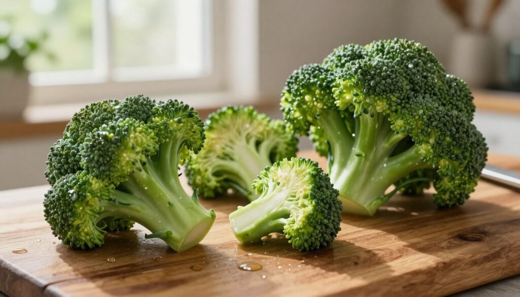 A close-up view of fresh, vibrant green broccoli heads, showcasing their dense florets and firm stalks, arranged artistically on a rustic wooden table. The foreground features glistening droplets of water on the broccoli, suggesting its freshness, while the middle ground includes a few sliced pieces next to it, revealing the rich texture inside. In the background, soft, diffused natural sunlight filters through a nearby window, creating a warm, inviting atmosphere. Gentle shadows enhance the details of the broccoli, while a blurred outline of various kitchen utensils and herbs can be seen, hinting at culinary uses. Emphasize the healthiness and the earthy appeal of this vegetable, evoking a sense of farm-to-table freshness in a cozy kitchen setting.