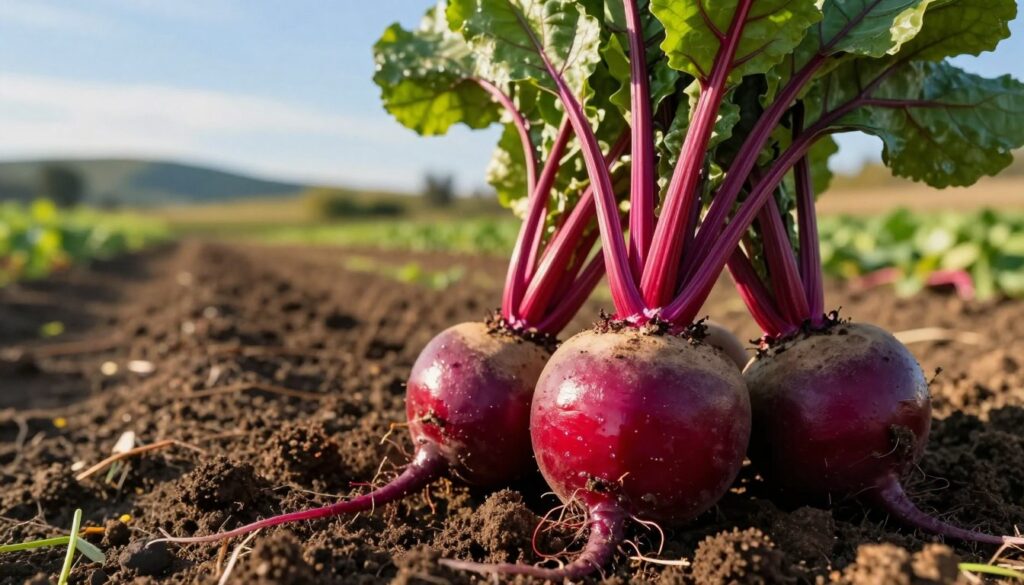 A close-up view of freshly harvested beetroot, showcasing their vibrant red-purple skin and rich, leafy greens intertwined at the top. The foreground features glistening beets with soil clinging to their roots, reflecting the quality and freshness indicative of proper sowing time. In the middle ground, an organized garden plot displays rows of beetroots under the warm glow of late afternoon sunlight, enhancing their colors and textures. The background captures a serene rural landscape, with soft rolling hills and a clear blue sky, invoking a sense of tranquility and the importance of timing in harvesting these crops. The image should evoke a feeling of harvest abundance, with a harmonious blend of nature and agriculture.