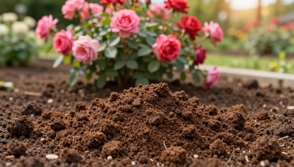 A close-up view of granulated livestock manure, showcasing its rich, dark brown texture and distinct granules. The foreground features a handful of manure, with a few granules scattered around to highlight the organic texture. In the middle ground, a flourishing rose bush displays vibrant pink and red blooms, thriving in nutrient-rich soil enriched by the manure. The background is softly blurred, suggesting a lush garden ambiance with greenery and hints of other blooming flowers. The lighting is warm and diffused, mimicking a sunny day that enhances the colors of the roses. The overall atmosphere conveys a sense of health and growth, inviting viewers to appreciate the benefits of proper manure application for rose gardening. A close-up view of granulated livestock manure, showcasing its rich, dark brown texture and distinct granules. The foreground features a handful of manure, with a few granules scattered around to highlight the organic texture. In the middle ground, a flourishing rose bush displays vibrant pink and red blooms, thriving in nutrient-rich soil enriched by the manure. The background is softly blurred, suggesting a lush garden ambiance with greenery and hints of other blooming flowers. The lighting is warm and diffused, mimicking a sunny day that enhances the colors of the roses. The overall atmosphere conveys a sense of health and growth, inviting viewers to appreciate the benefits of proper manure application for rose gardening.