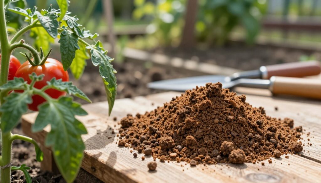 A close-up view of granulowany obornik koński, showcasing its texture and rich brown color, scattered on a wooden surface. In the foreground, vibrant green tomato plants are thriving, their lush leaves and bright red tomatoes indicating healthy growth, symbolizing the effectiveness of this fertilizer. The softly blurred background features a rustic garden setting with sun-dappled earth and various gardening tools, creating an inviting atmosphere. Natural sunlight filters through trees, casting gentle shadows and highlighting the granular nature of the manure, emphasizing its organic quality. The scene evokes a sense of productivity and connection to nature, ideal for a gardening enthusiast's article about sustainable farming.