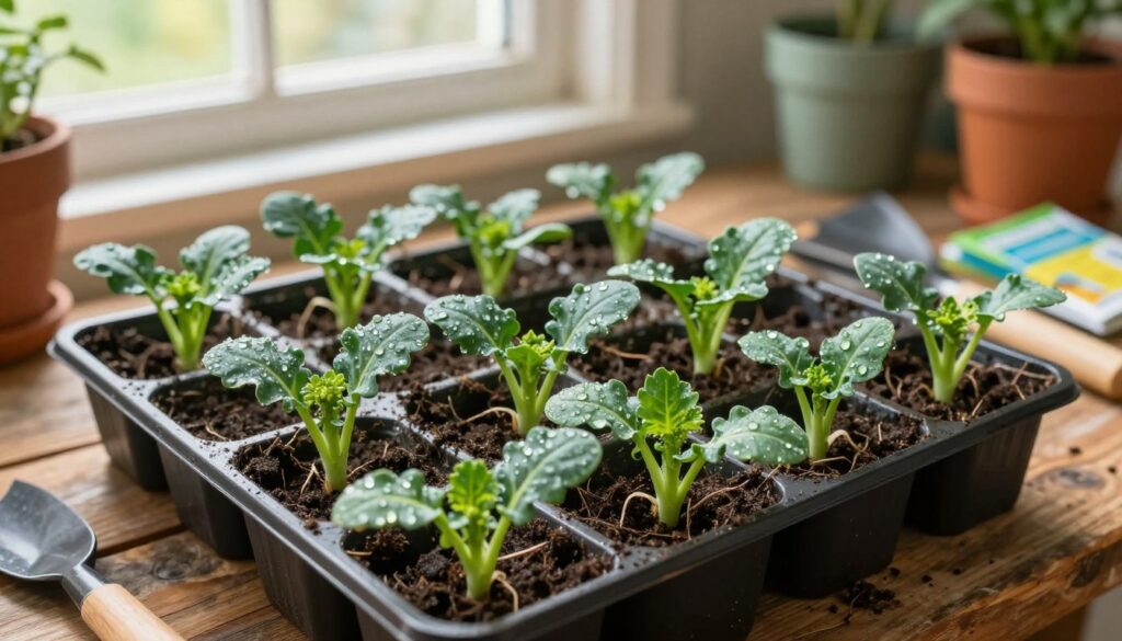 A close-up view of healthy broccoli seedlings (rozsada brokuł) in small, organized planting trays, richly textured soil visible around roots. The foreground features vibrant green leaves, glistening with morning dew, displaying signs of early growth. In the middle ground, the trays are arranged neatly on a rustic wooden table, creating a sense of order and care. In the background, soft, natural sunlight breaks through a lightly blurred window, illuminating a cozy gardening workspace filled with tools, seed packets, and pots, evoking an atmosphere of warmth and nurturing. The entire scene should reflect the essence of self-sufficient gardening, inviting and peaceful, with a focus on the promise of new life and growth. A close-up view of healthy broccoli seedlings (rozsada brokuł) in small, organized planting trays, richly textured soil visible around roots. The foreground features vibrant green leaves, glistening with morning dew, displaying signs of early growth. In the middle ground, the trays are arranged neatly on a rustic wooden table, creating a sense of order and care. In the background, soft, natural sunlight breaks through a lightly blurred window, illuminating a cozy gardening workspace filled with tools, seed packets, and pots, evoking an atmosphere of warmth and nurturing. The entire scene should reflect the essence of self-sufficient gardening, inviting and peaceful, with a focus on the promise of new life and growth.