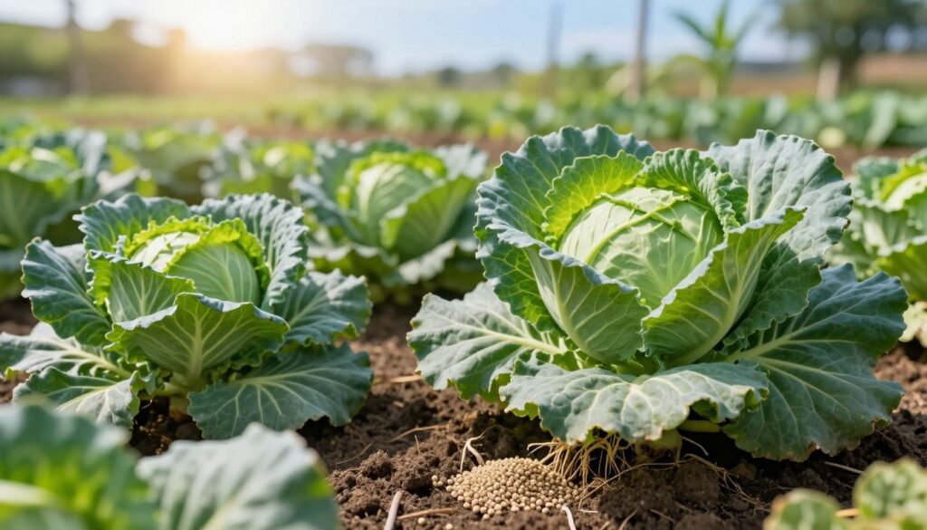 A close-up view of lush green cabbage plants growing in rich soil, with vibrant, healthy leaves showing signs of phosphorus and potassium nutrition. In the foreground, include a handful of granular fertilizer scattered delicately among the roots, emphasizing the importance of nutrients. In the middle ground, display a well-tended garden setting with rows of cabbages, each head forming tightly, highlighting resilience and vitality. The background features a soft-focus of a sunny sky, with sunlight filtering through leaves, casting gentle shadows. The overall mood is harmonious and productive, capturing the essence of plant growth and resilience. Use bright, natural lighting to enhance the colors of the cabbage and soil, shot with a shallow depth of field to create an intimate feel. A close-up view of lush green cabbage plants growing in rich soil, with vibrant, healthy leaves showing signs of phosphorus and potassium nutrition. In the foreground, include a handful of granular fertilizer scattered delicately among the roots, emphasizing the importance of nutrients. In the middle ground, display a well-tended garden setting with rows of cabbages, each head forming tightly, highlighting resilience and vitality. The background features a soft-focus of a sunny sky, with sunlight filtering through leaves, casting gentle shadows. The overall mood is harmonious and productive, capturing the essence of plant growth and resilience. Use bright, natural lighting to enhance the colors of the cabbage and soil, shot with a shallow depth of field to create an intimate feel.