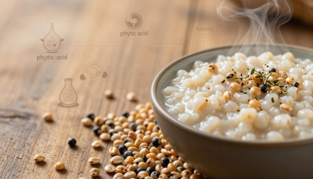 A close-up view of proso grains scattered on a textured wooden surface, showcasing the unique shapes and colors of the grains. In the foreground, a small bowl of cooked proso porridge sits, steamed and inviting, with a delicate sprinkle of herbs on top. Subtle scientific illustrations of anti-nutritional substances, like phytic acid and tannins, are faintly layered in the background, blending with soft, earthy tones. The lighting is warm and natural, creating a cozy atmosphere, reminiscent of a rustic kitchen setting. Use a shallow depth of field to emphasize the grains and bowl in focus while the background remains softly blurred. Aim for an informative yet tranquil mood, illustrating the subject matter gracefully without any text or distractions.