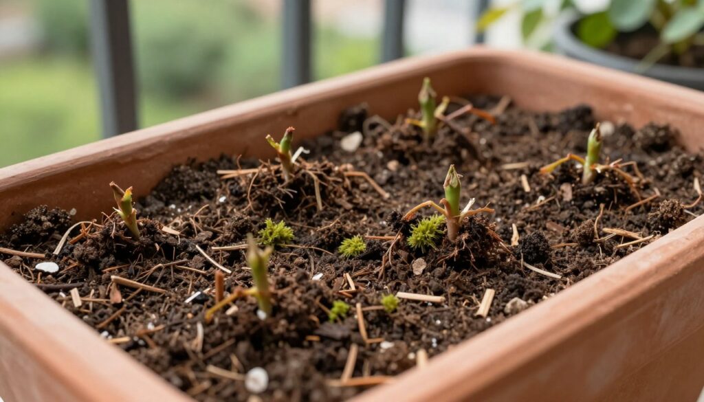 A close-up view of rich, dark potting soil mixed with organic compost, ideal for planting roses. In the foreground, the soil texture is detailed, showing small pieces of bark and sphagnum moss for aeration. The potting mix is arranged in a beautifully crafted terracotta container, hinting at a balcony setting. In the middle ground, fresh rose cuttings are carefully placed into the prepared soil, poised to take root. Soft, natural lighting creates a warm glow, enhancing the earthy tones of the soil and container. In the background, gentle greenery of a balcony garden is blurred, inviting a peaceful, nurturing atmosphere perfect for planting. Capture this scene from a slightly elevated angle to emphasize depth and texture, evoking a sense of tranquil gardening. A close-up view of rich, dark potting soil mixed with organic compost, ideal for planting roses. In the foreground, the soil texture is detailed, showing small pieces of bark and sphagnum moss for aeration. The potting mix is arranged in a beautifully crafted terracotta container, hinting at a balcony setting. In the middle ground, fresh rose cuttings are carefully placed into the prepared soil, poised to take root. Soft, natural lighting creates a warm glow, enhancing the earthy tones of the soil and container. In the background, gentle greenery of a balcony garden is blurred, inviting a peaceful, nurturing atmosphere perfect for planting. Capture this scene from a slightly elevated angle to emphasize depth and texture, evoking a sense of tranquil gardening.