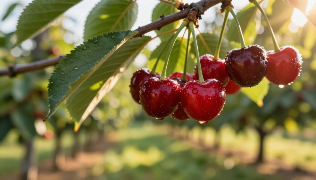 A close-up view of ripe cherries (wiśnie) hanging from their branches, showcasing their glossy, deep red skin, glistening with morning dew. The foreground features clusters of cherries with twinkling droplets, emphasizing their freshness. In the middle ground, lush green leaves frame the fruit, contrasting vibrantly against the red cherries. The background softly blurs into a bright, sunlit orchard, adding depth and a serene rural atmosphere. The lighting is warm and inviting, suggesting a late afternoon setting, with golden sunlight filtering through the leaves, casting gentle shadows. Aim for a crisp, detailed focus on the cherries, evoking a sense of bounty and the essence of summer harvest. A close-up view of ripe cherries (wiśnie) hanging from their branches, showcasing their glossy, deep red skin, glistening with morning dew. The foreground features clusters of cherries with twinkling droplets, emphasizing their freshness. In the middle ground, lush green leaves frame the fruit, contrasting vibrantly against the red cherries. The background softly blurs into a bright, sunlit orchard, adding depth and a serene rural atmosphere. The lighting is warm and inviting, suggesting a late afternoon setting, with golden sunlight filtering through the leaves, casting gentle shadows. Aim for a crisp, detailed focus on the cherries, evoking a sense of bounty and the essence of summer harvest.