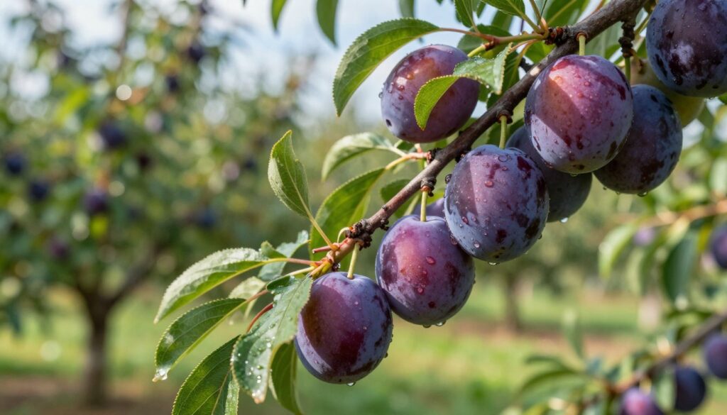 A close-up view of ripe "śliwki węgierki" (Hungarian plums) hanging from branches in a lush orchard, showcasing their deep purple color with a slight sheen from morning dew. In the foreground, a cluster of plums is nestled among bright green leaves, emphasizing their juiciness and freshness. The middle ground features several plump fruits on sturdy branches, with hints of sunlight filtering through the leaves, casting soft, dappled light onto the plums. The background reveals a blurred out array of green trees and soft blue sky, creating an inviting and natural atmosphere. The overall mood is serene and wholesome, capturing the essence of late summer ripening fruit. Use natural lighting to enhance the vivid colors and textures of the plums. A close-up view of ripe "śliwki węgierki" (Hungarian plums) hanging from branches in a lush orchard, showcasing their deep purple color with a slight sheen from morning dew. In the foreground, a cluster of plums is nestled among bright green leaves, emphasizing their juiciness and freshness. The middle ground features several plump fruits on sturdy branches, with hints of sunlight filtering through the leaves, casting soft, dappled light onto the plums. The background reveals a blurred out array of green trees and soft blue sky, creating an inviting and natural atmosphere. The overall mood is serene and wholesome, capturing the essence of late summer ripening fruit. Use natural lighting to enhance the vivid colors and textures of the plums.