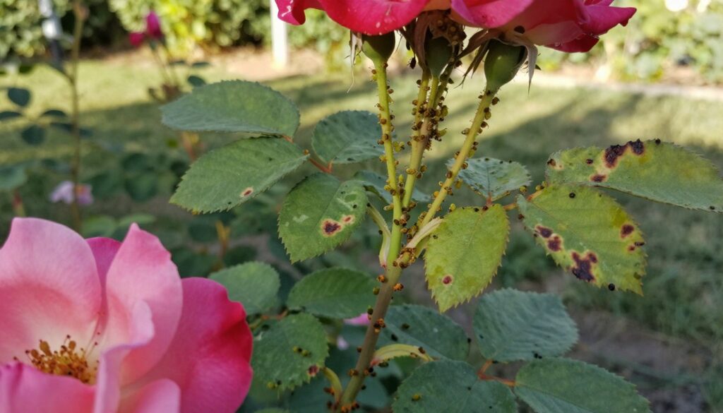 A close-up view of rose bushes infested with aphids, focusing on the intricate details of the tiny green insects clustered on the stems and leaves. In the foreground, show vibrant pink and red rose petals contrasting with the aphids, highlighting the damage they cause. The middle ground features healthy green leaves alongside visibly affected ones, creating a stark comparison. In the background, a soft-focus garden scene with sunlight filtering through, casting gentle shadows. The image should convey a sense of urgency in pest management, with a natural, calm atmosphere, using warm lighting to give it a welcoming yet informative vibe. A close-up view of rose bushes infested with aphids, focusing on the intricate details of the tiny green insects clustered on the stems and leaves. In the foreground, show vibrant pink and red rose petals contrasting with the aphids, highlighting the damage they cause. The middle ground features healthy green leaves alongside visibly affected ones, creating a stark comparison. In the background, a soft-focus garden scene with sunlight filtering through, casting gentle shadows. The image should convey a sense of urgency in pest management, with a natural, calm atmosphere, using warm lighting to give it a welcoming yet informative vibe.