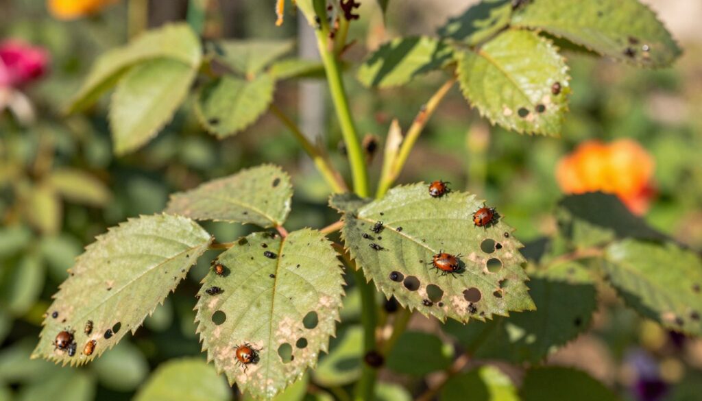 A close-up view of rose leaves displaying clear signs of pest damage, highlighting various garden pests such as aphids, spider mites, and leaf beetles. The foreground features the intricate details of the damaged leaves, with visible holes, discoloration, and the pests feeding on the foliage. In the middle ground, gently blurred green stems and more intact leaves create depth, while the background presents a softly blurred garden setting with hints of vibrant flowers to add color. The lighting is warm and natural, capturing the essence of a sunny day, with a shallow depth of field to emphasize the pests and the affected leaves. The overall mood is one of vigilance, illustrating the challenges of garden pest management. A close-up view of rose leaves displaying clear signs of pest damage, highlighting various garden pests such as aphids, spider mites, and leaf beetles. The foreground features the intricate details of the damaged leaves, with visible holes, discoloration, and the pests feeding on the foliage. In the middle ground, gently blurred green stems and more intact leaves create depth, while the background presents a softly blurred garden setting with hints of vibrant flowers to add color. The lighting is warm and natural, capturing the essence of a sunny day, with a shallow depth of field to emphasize the pests and the affected leaves. The overall mood is one of vigilance, illustrating the challenges of garden pest management.
