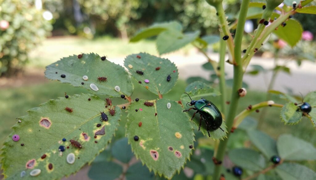 A close-up view of rose leaves infested with various pests, such as aphids, spider mites, and beetles. The foreground showcases detailed, realistic depictions of the pests crawling on the vibrant green leaves, emphasizing their distinctive features, like the aphids’ translucent bodies and the beetles’ shiny exoskeletons. In the middle, the rose leaves exhibit signs of damage, such as holes and discoloration, reflecting their struggle against the infestation. The background fades softly to a blurred garden setting under gentle sunlight, creating a serene yet concerning atmosphere. The lighting is soft and natural, lending a sense of depth to the image, with a focus on textures and colors that highlight both the beauty of the roses and the threat posed by the pests. A close-up view of rose leaves infested with various pests, such as aphids, spider mites, and beetles. The foreground showcases detailed, realistic depictions of the pests crawling on the vibrant green leaves, emphasizing their distinctive features, like the aphids’ translucent bodies and the beetles’ shiny exoskeletons. In the middle, the rose leaves exhibit signs of damage, such as holes and discoloration, reflecting their struggle against the infestation. The background fades softly to a blurred garden setting under gentle sunlight, creating a serene yet concerning atmosphere. The lighting is soft and natural, lending a sense of depth to the image, with a focus on textures and colors that highlight both the beauty of the roses and the threat posed by the pests.