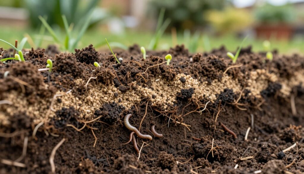 A close-up view of soil structure, showcasing various layers of rich, fertile earth. In the foreground, detailed textures of dark brown and black soil, revealing organic matter like small roots and earthworms. The middle ground features a layer of loamy soil transitioning to sandy and clay particles, illustrating diversity. Wisps of green grass and tiny seedlings are emerging from the soil, indicating healthy plant growth. In the background, a serene garden scene with soft, natural lighting, offering a warm, inviting atmosphere. Capture this image using a macro lens for sharp detail, angled to highlight the soil layers. The overall mood should evoke a sense of richness and fertility, emphasizing the importance of maintaining soil health. A close-up view of soil structure, showcasing various layers of rich, fertile earth. In the foreground, detailed textures of dark brown and black soil, revealing organic matter like small roots and earthworms. The middle ground features a layer of loamy soil transitioning to sandy and clay particles, illustrating diversity. Wisps of green grass and tiny seedlings are emerging from the soil, indicating healthy plant growth. In the background, a serene garden scene with soft, natural lighting, offering a warm, inviting atmosphere. Capture this image using a macro lens for sharp detail, angled to highlight the soil layers. The overall mood should evoke a sense of richness and fertility, emphasizing the importance of maintaining soil health.