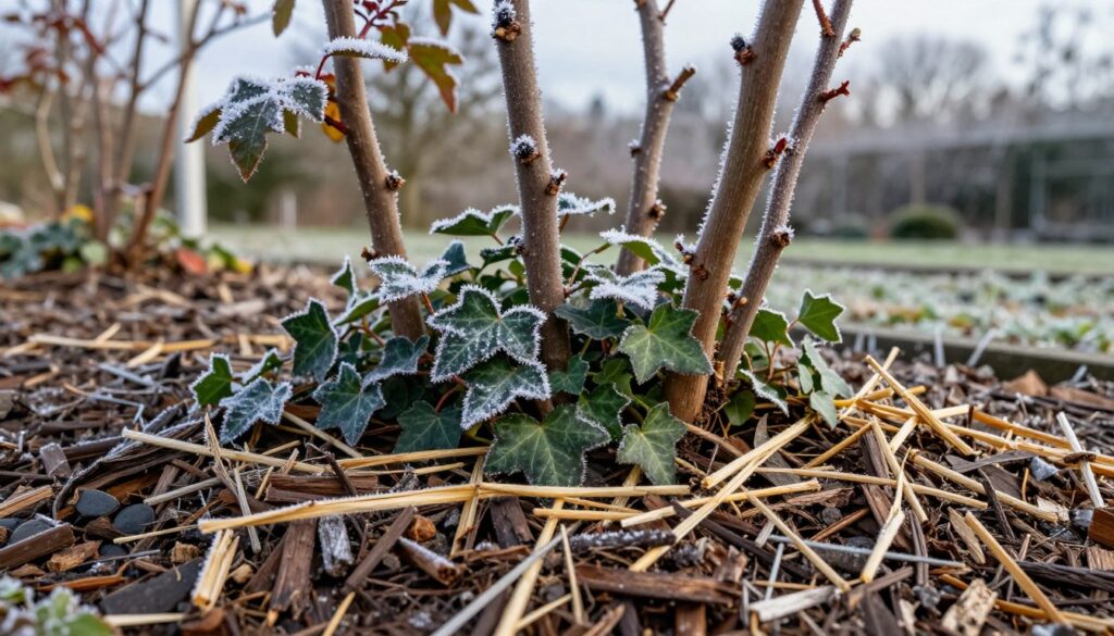 A close-up view of the base of climbing rose bushes being protected from frost, showcasing a thick layer of organic mulch and straw carefully arranged around the roots. In the foreground, focus on the rich brown and green textures of the mulch and the vibrant ivy leaves peeking through. In the middle ground, capture the sturdy supports of the climbing roses, embellished with delicate frost crystals. The background should feature softly blurred winter scenery, perhaps with a muted, overcast sky, enhancing the chilly atmosphere. Use natural daylight that illuminates the scene gently, casting soft shadows that evoke a calm, serene mood. The composition should connect visually and emotionally with winter gardening care. A close-up view of the base of climbing rose bushes being protected from frost, showcasing a thick layer of organic mulch and straw carefully arranged around the roots. In the foreground, focus on the rich brown and green textures of the mulch and the vibrant ivy leaves peeking through. In the middle ground, capture the sturdy supports of the climbing roses, embellished with delicate frost crystals. The background should feature softly blurred winter scenery, perhaps with a muted, overcast sky, enhancing the chilly atmosphere. Use natural daylight that illuminates the scene gently, casting soft shadows that evoke a calm, serene mood. The composition should connect visually and emotionally with winter gardening care.