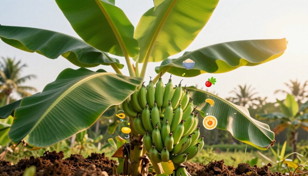 A close-up view of the nutritional components of banana plants, featuring lush green leaves and vibrant bananas. In the foreground, display rich, dark soil enriched with organic matter, illustrating ideal conditions for growth. In the middle, cluster several large banana leaves, showcasing their impressive size and deep green color, with various nutrients depicted as colorful icons or symbols around the leaves. The background should include a bright, sunny sky and faint outlines of tropical banana trees. Use soft, golden lighting to give a warm and inviting atmosphere, emphasizing the vitality of the banana plant. The angle should be slightly tilted to capture the grandeur of the leaves, providing a sense of scale and depth to the image, while keeping a professional and informative tone.