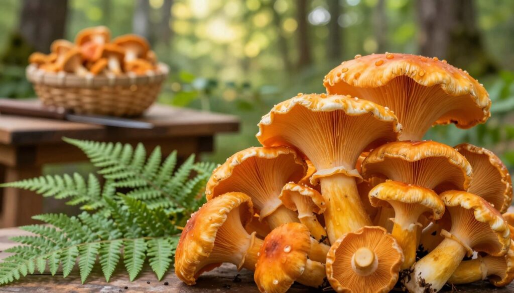 A close-up view of the nutritional values of saffron mushrooms, with vibrant orange and yellow tones highlighting their unique appearance. In the foreground, display a cluster of freshly picked saffron mushrooms, showcasing their distinctive cap and gills, surrounded by a few lush green ferns to emphasize their natural habitat. In the middle ground, include a wooden table with a rustic setting, possibly adorned with a small basket and a knife for foraging. The background features a softly blurred forest scene, with dappled sunlight filtering through tree leaves, creating a warm and inviting atmosphere. The image should convey a sense of health and vitality, with a focus on the mushrooms’ organic and nutritious qualities, captured in natural light to accentuate their colors and textures. A close-up view of the nutritional values of saffron mushrooms, with vibrant orange and yellow tones highlighting their unique appearance. In the foreground, display a cluster of freshly picked saffron mushrooms, showcasing their distinctive cap and gills, surrounded by a few lush green ferns to emphasize their natural habitat. In the middle ground, include a wooden table with a rustic setting, possibly adorned with a small basket and a knife for foraging. The background features a softly blurred forest scene, with dappled sunlight filtering through tree leaves, creating a warm and inviting atmosphere. The image should convey a sense of health and vitality, with a focus on the mushrooms’ organic and nutritious qualities, captured in natural light to accentuate their colors and textures.