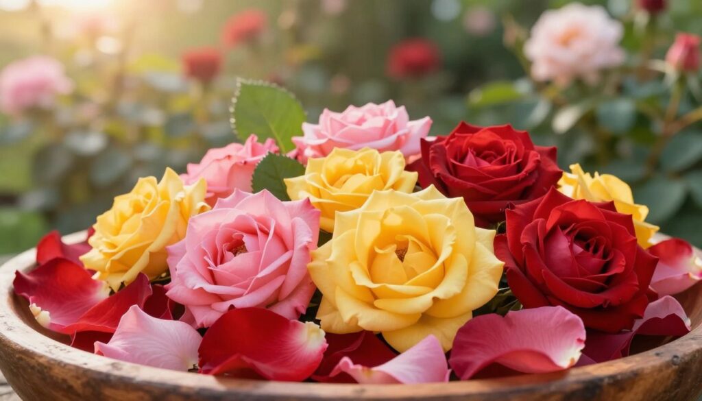 A close-up view of vibrant edible roses in various hues, such as deep reds, soft pinks, and sunny yellows, delicately arranged in a rustic wooden bowl. The foreground features lush rose petals scattered artistically, showcasing their texture and vibrant colors. In the middle, a few fresh green leaves enhance the composition, while hints of sunlight filter through, creating a warm and inviting atmosphere. The background includes a softly blurred garden setting, filled with more blooming rose bushes in the distance, suggesting a natural habitat. The lighting is soft and diffused, reminiscent of a serene afternoon, perfect for highlighting the beauty and delicacy of these edible flowers. The overall mood is tranquil and inviting, inspiring curiosity about the culinary possibilities of roses. A close-up view of vibrant edible roses in various hues, such as deep reds, soft pinks, and sunny yellows, delicately arranged in a rustic wooden bowl. The foreground features lush rose petals scattered artistically, showcasing their texture and vibrant colors. In the middle, a few fresh green leaves enhance the composition, while hints of sunlight filter through, creating a warm and inviting atmosphere. The background includes a softly blurred garden setting, filled with more blooming rose bushes in the distance, suggesting a natural habitat. The lighting is soft and diffused, reminiscent of a serene afternoon, perfect for highlighting the beauty and delicacy of these edible flowers. The overall mood is tranquil and inviting, inspiring curiosity about the culinary possibilities of roses.