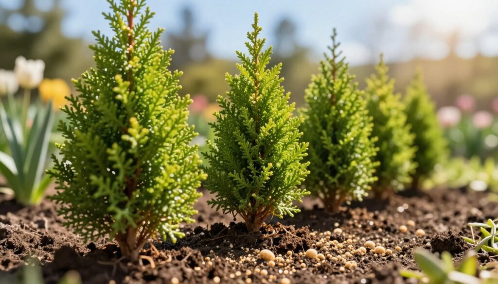 A close-up view of vibrant green thuja trees, showcasing their lush foliage in early spring. The foreground features rich, fertile soil sprinkled with healthy, granulated fertilizer, symbolizing the ideal spring nourishment for the plants. In the middle ground, various tuja plants of different sizes are thriving, emphasizing the importance of seasonal care. The background is filled with soft, blurred images of a sunny garden setting, with hints of blooming flowers and a clear blue sky. The lighting is warm and natural, creating a welcoming atmosphere. The overall mood is one of growth, vitality, and rejuvenation, highlighting the care needed for healthy thuja development after winter.