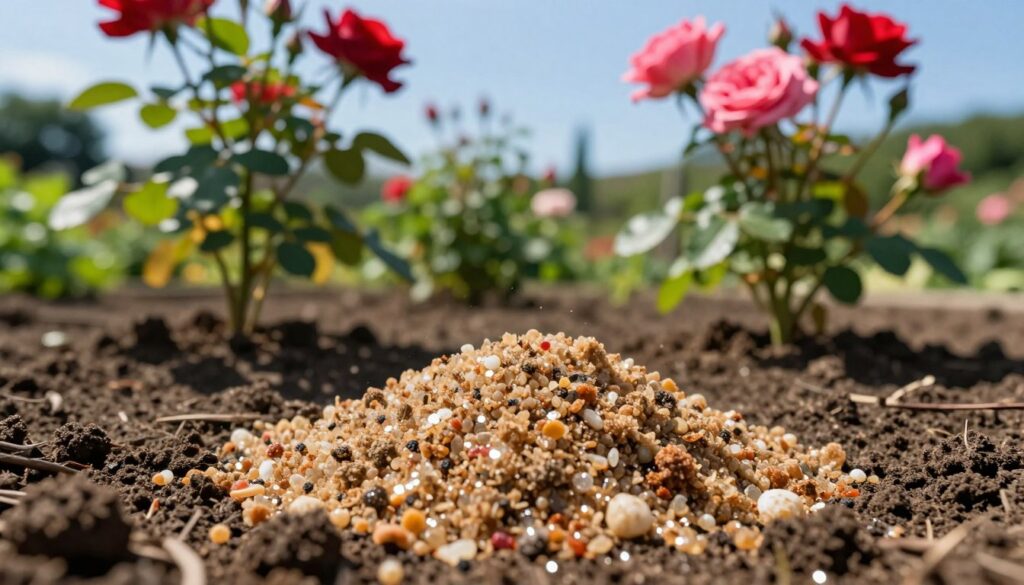 A close-up view of vibrant rose fertilizer, showcasing a granular texture with hints of organic matter, scattered across rich, dark soil. In the foreground, the focus is on the glistening particles of the fertilizer, reflecting sunlight. In the middle ground, healthy rose plants emerge, their stems sturdy and green, with bright red and pink blooms delicately contrasted against the natural earth tones. The background features a softly blurred garden setting, filled with lush greenery and a clear blue sky. The atmosphere is warm and inviting, suggesting a nurturing environment for plant growth. The lighting is bright and natural, emulating a sunny day in the garden, captured from a low angle to emphasize the interaction between the fertilizer and the flourishing roses. A close-up view of vibrant rose fertilizer, showcasing a granular texture with hints of organic matter, scattered across rich, dark soil. In the foreground, the focus is on the glistening particles of the fertilizer, reflecting sunlight. In the middle ground, healthy rose plants emerge, their stems sturdy and green, with bright red and pink blooms delicately contrasted against the natural earth tones. The background features a softly blurred garden setting, filled with lush greenery and a clear blue sky. The atmosphere is warm and inviting, suggesting a nurturing environment for plant growth. The lighting is bright and natural, emulating a sunny day in the garden, captured from a low angle to emphasize the interaction between the fertilizer and the flourishing roses.