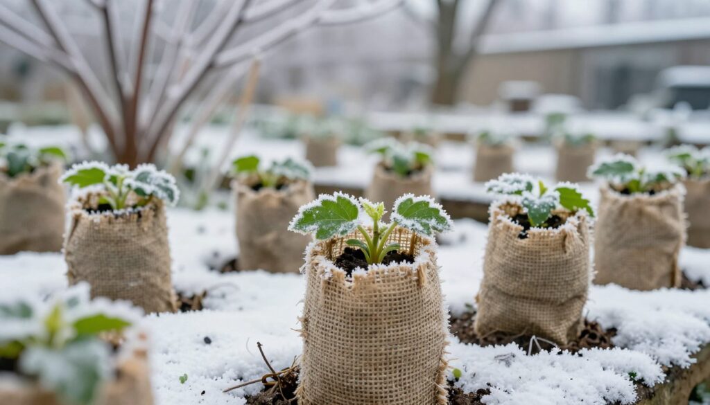 A close-up view of young Paulownia seedlings in a winter garden, showcasing them carefully covered with protective burlap wraps to guard against frost. In the foreground, the seedlings are vibrant green with delicate leaves peeking out, while the burlap is textured and slightly weathered, suggesting warmth and care. In the middle ground, a layer of freshly fallen snow lightly blankets the garden soil, contributing to the serene winter atmosphere. The background features softly blurred frosty branches of nearby trees, enhancing the chilly season setting. The scene is illuminated by soft, diffused natural light, creating a tranquil and nurturing mood. Capture this moment with a shallow depth of field to focus on the seedlings, evoking a sense of hope and resilience. A close-up view of young Paulownia seedlings in a winter garden, showcasing them carefully covered with protective burlap wraps to guard against frost. In the foreground, the seedlings are vibrant green with delicate leaves peeking out, while the burlap is textured and slightly weathered, suggesting warmth and care. In the middle ground, a layer of freshly fallen snow lightly blankets the garden soil, contributing to the serene winter atmosphere. The background features softly blurred frosty branches of nearby trees, enhancing the chilly season setting. The scene is illuminated by soft, diffused natural light, creating a tranquil and nurturing mood. Capture this moment with a shallow depth of field to focus on the seedlings, evoking a sense of hope and resilience.