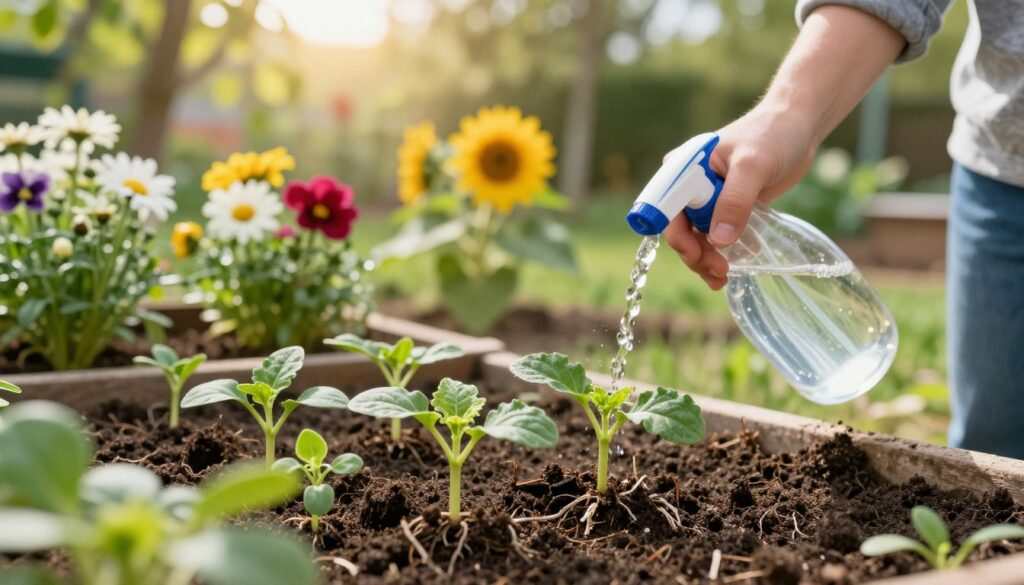 A close-up view of young seedlings thriving in a well-tended garden bed, showcasing their delicate green leaves and healthy roots emerging from rich, dark soil. In the foreground, a person in modest casual attire is gently watering the seedlings with a handheld spray bottle, emphasizing care and attention. The middle ground features a variety of seedlings, including vibrant flower varieties like daisies and sunflowers, all showing promising growth. In the background, a garden with soft sunlight filtering through leafy trees creates a warm and nurturing atmosphere. The lighting is bright and vibrant, capturing the essence of spring, with a shallow depth of field focusing on the seedlings while softening the details of the background. A close-up view of young seedlings thriving in a well-tended garden bed, showcasing their delicate green leaves and healthy roots emerging from rich, dark soil. In the foreground, a person in modest casual attire is gently watering the seedlings with a handheld spray bottle, emphasizing care and attention. The middle ground features a variety of seedlings, including vibrant flower varieties like daisies and sunflowers, all showing promising growth. In the background, a garden with soft sunlight filtering through leafy trees creates a warm and nurturing atmosphere. The lighting is bright and vibrant, capturing the essence of spring, with a shallow depth of field focusing on the seedlings while softening the details of the background.