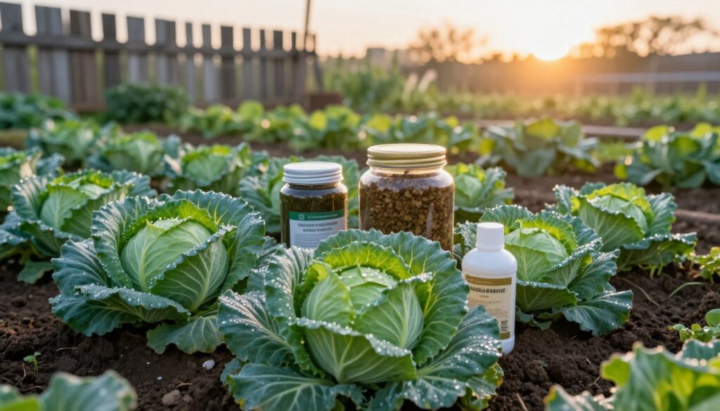 A colorful garden scene featuring vibrant green heads of cabbage, nestled within rich, dark soil. The foreground showcases lush, healthy cabbage plants with dewdrops glistening in the early morning light. In the middle, traditional natural fertilizers such as compost and plant-based remedies are artfully arranged, illustrating folk methods for nourishing the crops. The background reveals a soft-focus rustic wooden fence and a gentle sunrise, casting a warm golden glow over the garden, enhancing the serene atmosphere. The image is captured from a low angle to emphasize the cabbages and fertilizers, creating a harmonious and inviting mood that reflects the beauty of natural gardening practices. A colorful garden scene featuring vibrant green heads of cabbage, nestled within rich, dark soil. The foreground showcases lush, healthy cabbage plants with dewdrops glistening in the early morning light. In the middle, traditional natural fertilizers such as compost and plant-based remedies are artfully arranged, illustrating folk methods for nourishing the crops. The background reveals a soft-focus rustic wooden fence and a gentle sunrise, casting a warm golden glow over the garden, enhancing the serene atmosphere. The image is captured from a low angle to emphasize the cabbages and fertilizers, creating a harmonious and inviting mood that reflects the beauty of natural gardening practices.