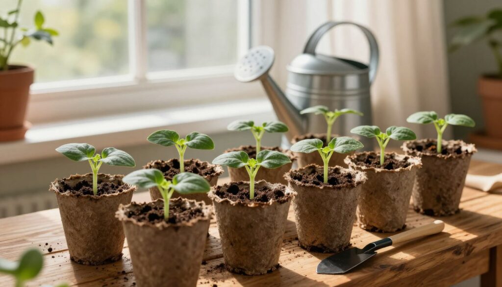 A cozy indoor greenhouse nurturing pumpkin seedlings, with vibrant green leaves sprouting in biodegradable pots filled with rich soil. In the foreground, a row of pots is carefully arranged on a wooden table, illuminated by soft, natural light streaming through a nearby window. In the middle ground, a watering can and gardening tools rest beside the seedlings, indicating active care and nurturing. The background features sunlight filtering through sheer curtains, creating a warm and inviting atmosphere. Overall, the mood is one of warmth, growth, and the joys of indoor gardening, perfect for cultivating young pumpkin plants in a domestic setting.