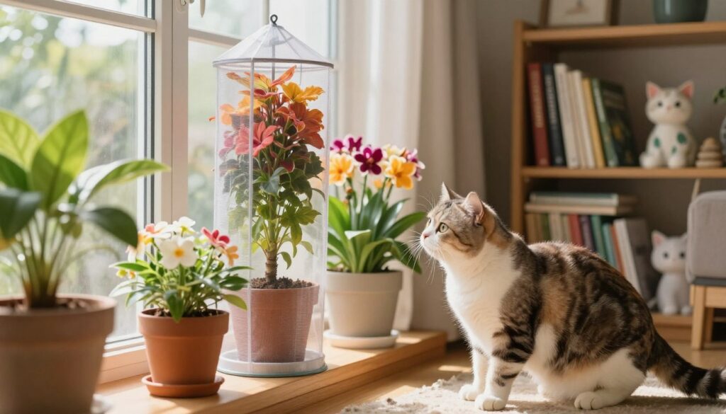 A cozy indoor setting featuring a living room with vibrant potted plants along a window sill. In the foreground, a curious cat is inspecting a tall, colorful plant covered with a protective guard. The middle ground shows several other flowers, with a gentle, soft light illuminating their petals, creating a warm and inviting atmosphere. In the background, a bookshelf filled with gardening books and cat toys adds depth to the scene. The image captures the tension between the inquisitive cat and the protected plants, emphasizing safety measures taken by the owner. A gentle, sunny ambiance enhances the mood, inviting viewers to consider how to secure their indoor flora from playful pets. A cozy indoor setting featuring a living room with vibrant potted plants along a window sill. In the foreground, a curious cat is inspecting a tall, colorful plant covered with a protective guard. The middle ground shows several other flowers, with a gentle, soft light illuminating their petals, creating a warm and inviting atmosphere. In the background, a bookshelf filled with gardening books and cat toys adds depth to the scene. The image captures the tension between the inquisitive cat and the protected plants, emphasizing safety measures taken by the owner. A gentle, sunny ambiance enhances the mood, inviting viewers to consider how to secure their indoor flora from playful pets.