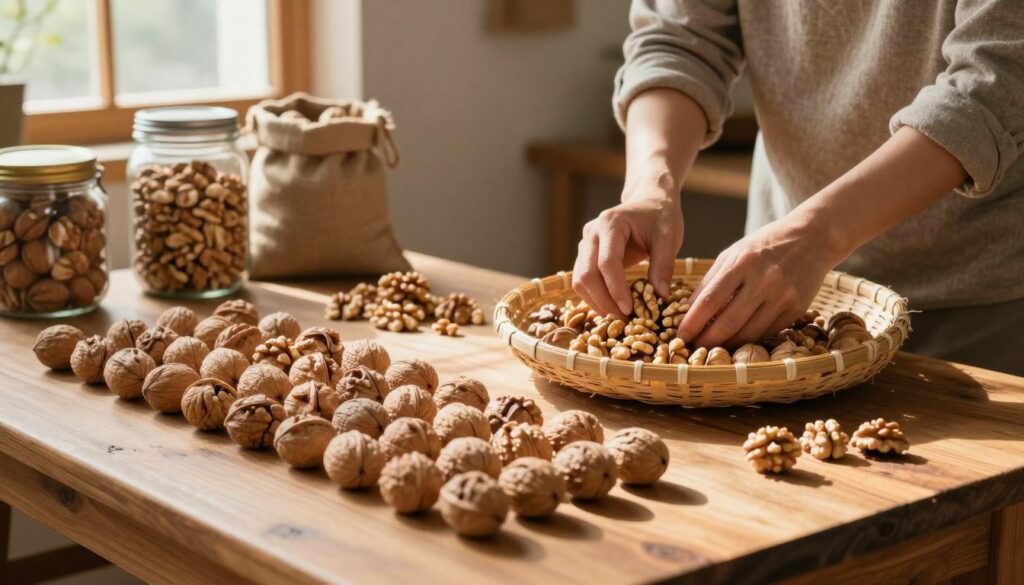A cozy interior scene showcasing the proper process of drying and storing walnuts. In the foreground, a wooden table is adorned with neatly arranged, freshly harvested walnuts in their shells, some dried and others being de-husked. In the midground, a person wearing modest casual clothing is gently handling the nuts, demonstrating the drying technique by placing them in a straw basket. In the background, warm sunlight filters through a window, casting soft shadows that create a tranquil atmosphere. A few open jars and burlap sacks reveal a variety of storage methods for the nuts, highlighting organization. The image captures a sense of care and tradition in nut preservation, with a warm color palette emphasizing the natural beauty of the walnuts.