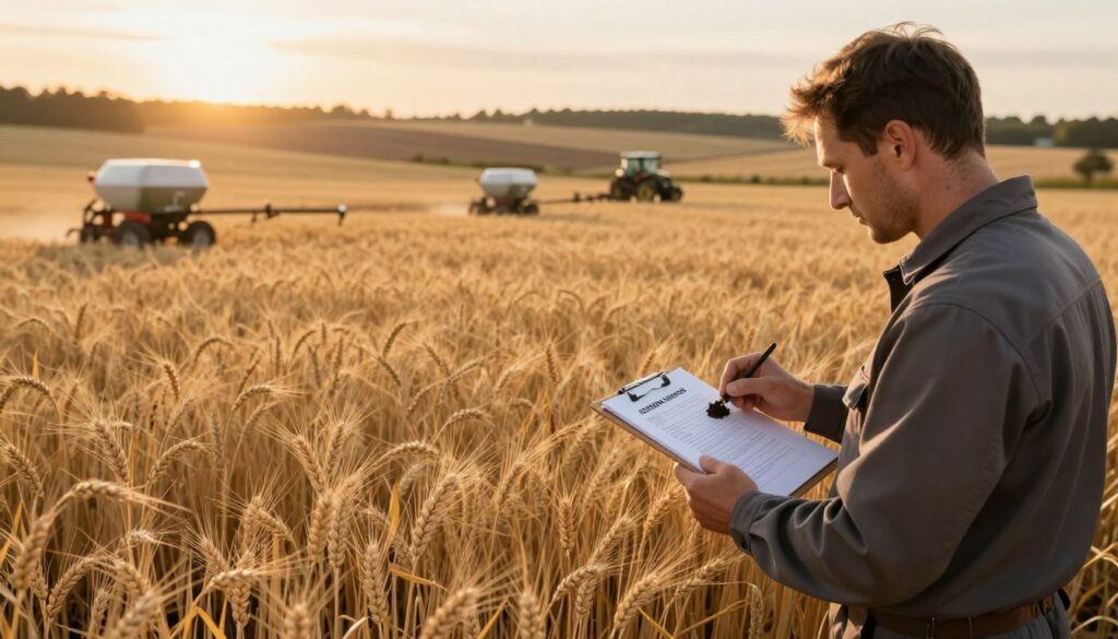 A detailed agricultural scene illustrating "strategia nawożenia" in a picturesque autumn landscape. In the foreground, a farmer in professional attire is examining a soil sample with a clipboard in hand, showcasing diligence in crop management. The middle ground features vast fields of winter cereals, like wheat and barley, ready for harvesting, interspersed with strategically placed fertilizer spreaders. In the background, soft golden light of the setting sun casts a warm glow over the fields, enhancing the textures of the crops. A distant tractor plows the land, adding a sense of motion and activity. The atmosphere is serene yet industrious, reflecting the careful balance of nourishment and protection essential in the autumn to spring plant growth cycle. Focused shot, natural lighting, shallow depth of field to emphasize the farmer and crops. A detailed agricultural scene illustrating "strategia nawożenia" in a picturesque autumn landscape. In the foreground, a farmer in professional attire is examining a soil sample with a clipboard in hand, showcasing diligence in crop management. The middle ground features vast fields of winter cereals, like wheat and barley, ready for harvesting, interspersed with strategically placed fertilizer spreaders. In the background, soft golden light of the setting sun casts a warm glow over the fields, enhancing the textures of the crops. A distant tractor plows the land, adding a sense of motion and activity. The atmosphere is serene yet industrious, reflecting the careful balance of nourishment and protection essential in the autumn to spring plant growth cycle. Focused shot, natural lighting, shallow depth of field to emphasize the farmer and crops.