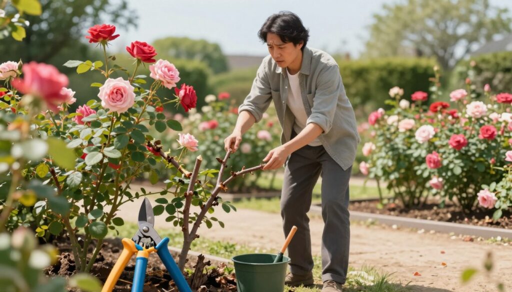 A detailed and educational illustration showcasing the common mistakes made while pruning roses. In the foreground, a pair of pruners sitting next to an incorrectly pruned rose bush with uneven cuts, dead branches, and neglected growth patterns, symbolizing frequent errors. In the middle ground, a knowledgeable gardener in modest casual clothing examines the bush with concern, stepping back to analyze the situation. The background features a sunny garden setting with healthy rose bushes, contrasting the mistakes in the foreground. Soft, natural lighting highlights the vibrant colors of the roses. The mood conveys a sense of learning and discovery, emphasizing proper gardening techniques without distractions like text or overlays.