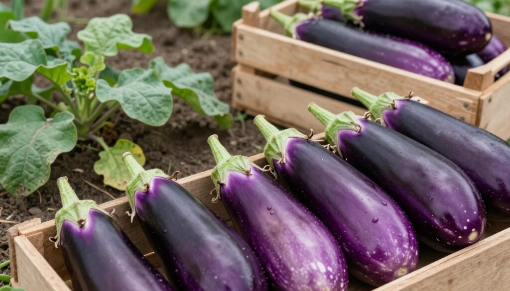 A detailed arrangement of freshly harvested eggplants displayed prominently in the foreground, showcasing their vibrant purple skins glistening under soft, natural daylight. In the middle plane, include leafy green plants and earthy soil to represent the gardening context, hinting at the recent harvesting. In the background, a rustic wooden crate filled with more eggplants adds depth to the scene. Capture this scene from a slightly elevated angle to emphasize the variety and abundance of the eggplants. The overall mood is warm and inviting, evoking the joy of bountiful harvests. Avoid any text or distracting elements; focus solely on the beauty of nature and the produce. A detailed arrangement of freshly harvested eggplants displayed prominently in the foreground, showcasing their vibrant purple skins glistening under soft, natural daylight. In the middle plane, include leafy green plants and earthy soil to represent the gardening context, hinting at the recent harvesting. In the background, a rustic wooden crate filled with more eggplants adds depth to the scene. Capture this scene from a slightly elevated angle to emphasize the variety and abundance of the eggplants. The overall mood is warm and inviting, evoking the joy of bountiful harvests. Avoid any text or distracting elements; focus solely on the beauty of nature and the produce.