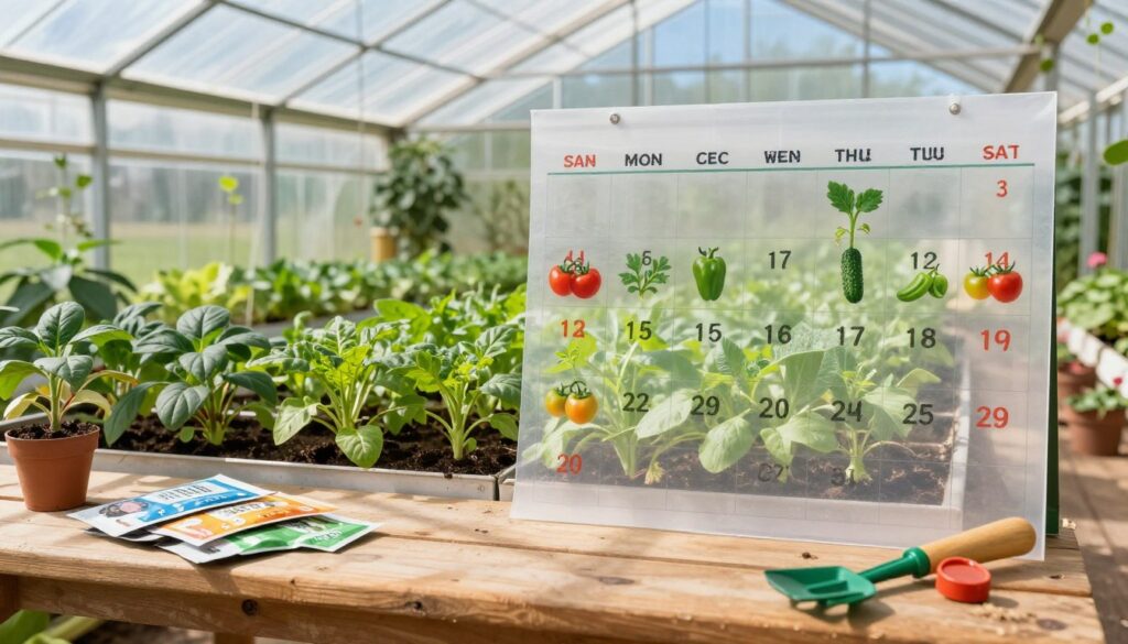 A detailed calendar for planting vegetables inside a colorful, thriving greenhouse, featuring labeled sections for each month. In the foreground, a wooden table displays seed packets and gardening tools. The middle layer showcases rows of vibrant green vegetable plants, including tomatoes, peppers, and cucumbers, all flourishing under the soft glow of natural sunlight filtering through the transparent foil. In the background, the greenhouse structure is visible, with a bright blue sky above and gentle green plants lining the pathways, enhancing the atmosphere of nurturing growth. The scene conveys a sense of warmth, productivity, and the promise of a bountiful harvest. The lighting is bright but soft, suggestive of a perfect growing day. A detailed calendar for planting vegetables inside a colorful, thriving greenhouse, featuring labeled sections for each month. In the foreground, a wooden table displays seed packets and gardening tools. The middle layer showcases rows of vibrant green vegetable plants, including tomatoes, peppers, and cucumbers, all flourishing under the soft glow of natural sunlight filtering through the transparent foil. In the background, the greenhouse structure is visible, with a bright blue sky above and gentle green plants lining the pathways, enhancing the atmosphere of nurturing growth. The scene conveys a sense of warmth, productivity, and the promise of a bountiful harvest. The lighting is bright but soft, suggestive of a perfect growing day.