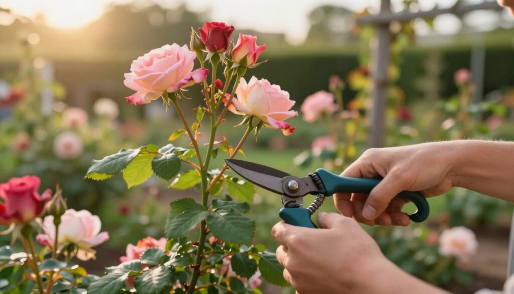 A detailed close-up of a skilled gardener expertly pruning climbing roses with rigid stems. The foreground captures the gardener’s hands, delicately holding sharp pruning shears, surrounded by vibrant rose blooms in various stages of opening. In the middle ground, you see the sturdy rose stems, lush green leaves, and clusters of beautiful, colorful roses, showcasing healthy growth. The background features a softly blurred garden setting with other plants and trellises, bathed in warm, golden sunlight that creates a serene and tranquil atmosphere. The angle is slightly elevated, offering a clear view of the pruning action while emphasizing the natural beauty of the roses. The mood is peaceful and focused, conveying the art of careful horticulture in a flourishing garden. A detailed close-up of a skilled gardener expertly pruning climbing roses with rigid stems. The foreground captures the gardener’s hands, delicately holding sharp pruning shears, surrounded by vibrant rose blooms in various stages of opening. In the middle ground, you see the sturdy rose stems, lush green leaves, and clusters of beautiful, colorful roses, showcasing healthy growth. The background features a softly blurred garden setting with other plants and trellises, bathed in warm, golden sunlight that creates a serene and tranquil atmosphere. The angle is slightly elevated, offering a clear view of the pruning action while emphasizing the natural beauty of the roses. The mood is peaceful and focused, conveying the art of careful horticulture in a flourishing garden.