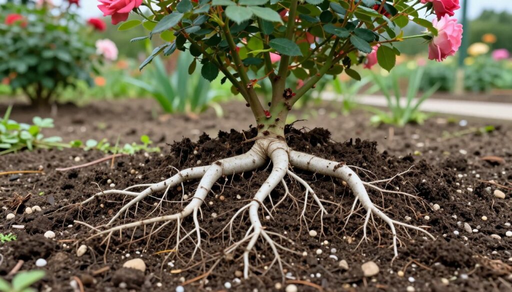 A detailed depiction of a rose plant's root system, showcasing a healthy and vibrant root structure, with thick, white roots extending into dark, nutrient-rich soil. In the foreground, focus on the intricate network of roots entangled with small pebbles and organic matter. In the middle ground, a lush rose bush is visible, its colorful blooms contrasting with the rich soil. The background features a soft-focus garden setting with greenery and blurred outlines of other plants, suggesting a thriving garden atmosphere. Use soft, natural lighting to create a serene, nurturing mood, captured from a low angle to emphasize the depth of the roots and the beauty of the rose bush above. A detailed depiction of a rose plant's root system, showcasing a healthy and vibrant root structure, with thick, white roots extending into dark, nutrient-rich soil. In the foreground, focus on the intricate network of roots entangled with small pebbles and organic matter. In the middle ground, a lush rose bush is visible, its colorful blooms contrasting with the rich soil. The background features a soft-focus garden setting with greenery and blurred outlines of other plants, suggesting a thriving garden atmosphere. Use soft, natural lighting to create a serene, nurturing mood, captured from a low angle to emphasize the depth of the roots and the beauty of the rose bush above.