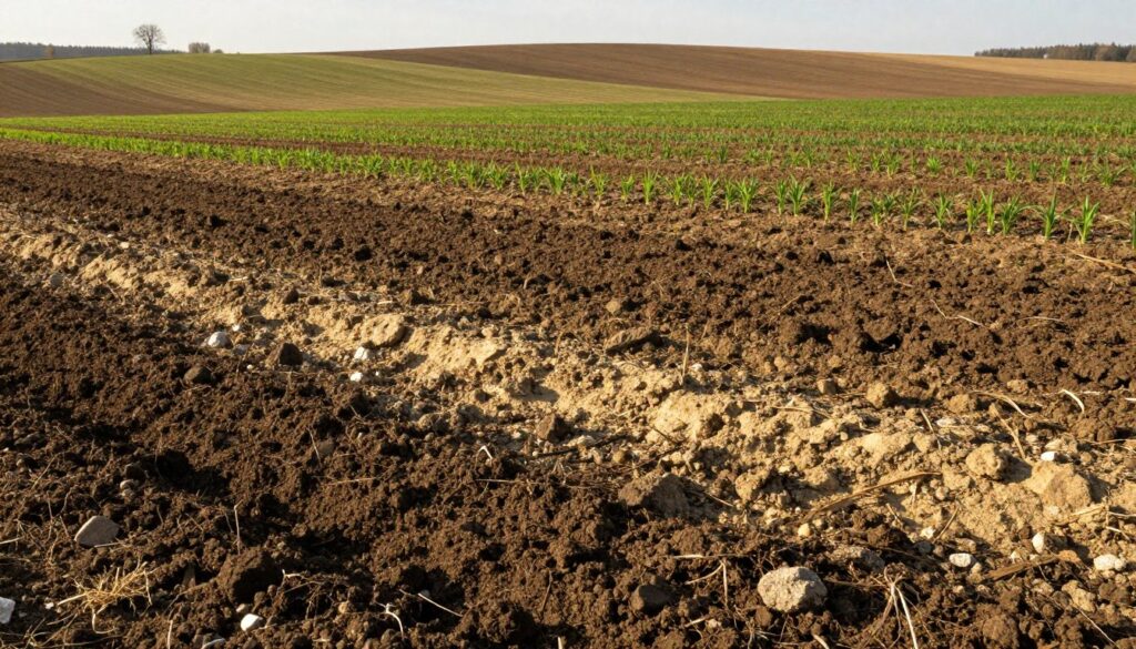 A detailed depiction of diverse soil conditions in a Polish agricultural landscape, showcasing rich, textured soil layers with varying colors, indicating different moisture levels and nutrient profiles. In the foreground, illustrate patches of dark, fertile soil mixed with lighter sandy loam, revealing plant roots and small stones. The middle ground features rows of emerging winter and spring grains, with a variety of green shoots demonstrating early growth stages. The background encompasses a gently rolling horizon under a soft, midday sun, casting warm light and subtle shadows that enhance the soil texture. The atmosphere is tranquil, evoking the sense of a productive farm ready for sowing. The scene should capture the essence of soil health essential for successful crop cultivation. A detailed depiction of diverse soil conditions in a Polish agricultural landscape, showcasing rich, textured soil layers with varying colors, indicating different moisture levels and nutrient profiles. In the foreground, illustrate patches of dark, fertile soil mixed with lighter sandy loam, revealing plant roots and small stones. The middle ground features rows of emerging winter and spring grains, with a variety of green shoots demonstrating early growth stages. The background encompasses a gently rolling horizon under a soft, midday sun, casting warm light and subtle shadows that enhance the soil texture. The atmosphere is tranquil, evoking the sense of a productive farm ready for sowing. The scene should capture the essence of soil health essential for successful crop cultivation.