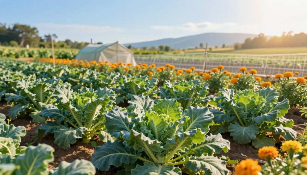 A detailed illustration of a kale crop field, showcasing robust and vibrant kale plants in the foreground, with lush green leaves glistening in the sunlight. In the middle ground, include protective measures such as garden netting and natural pest deterrents like marigolds planted alongside the kale, emphasizing organic farming practices. The background features a serene farm landscape under a clear blue sky, with distant hills and a gentle sun casting warm, golden light on the scene. The overall atmosphere is calm and nurturing, highlighting the importance of protecting crops from disease and pests. Use a soft-focus lens effect to create a warm, inviting mood, ensuring a clear focus on the kale and protective measures. A detailed illustration of a kale crop field, showcasing robust and vibrant kale plants in the foreground, with lush green leaves glistening in the sunlight. In the middle ground, include protective measures such as garden netting and natural pest deterrents like marigolds planted alongside the kale, emphasizing organic farming practices. The background features a serene farm landscape under a clear blue sky, with distant hills and a gentle sun casting warm, golden light on the scene. The overall atmosphere is calm and nurturing, highlighting the importance of protecting crops from disease and pests. Use a soft-focus lens effect to create a warm, inviting mood, ensuring a clear focus on the kale and protective measures.