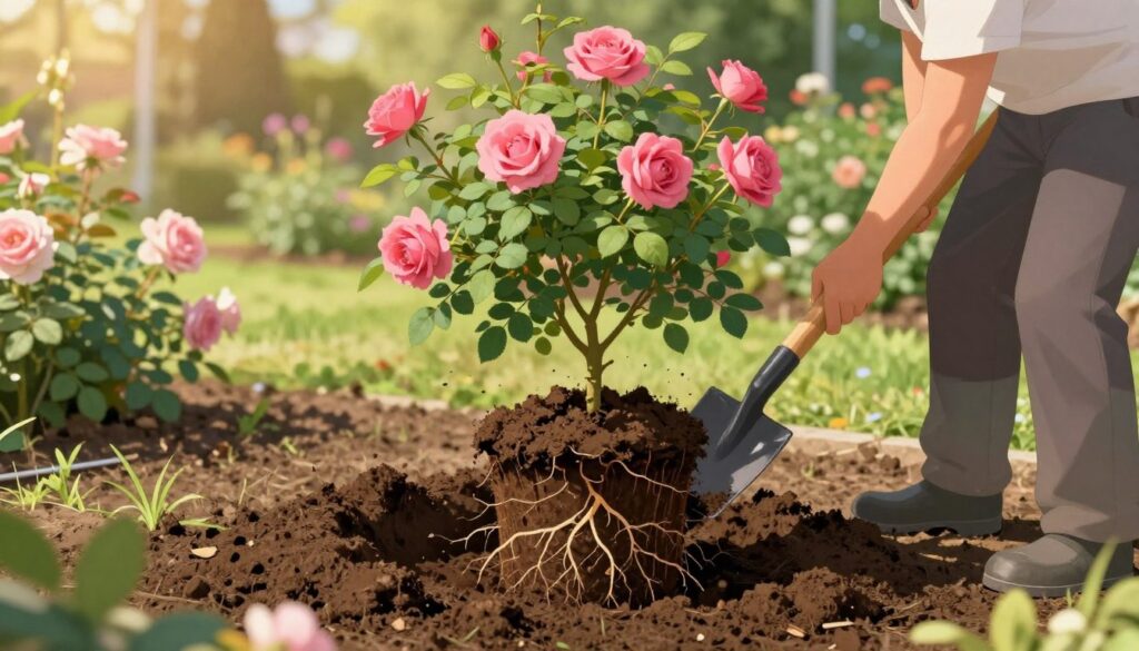 A detailed illustration of a rose bush being carefully excavated from the ground, showcasing the intact root ball, with lush green leaves and vibrant pink blossoms. In the foreground, a gardener in professional attire gently uses a spade to lift the bush, while ensuring the root system remains undisturbed. The middle ground features rich, dark earth with visible roots stretching away from the plant, emphasizing the importance of preserving the root ball. The background consists of a soft-focus garden setting, with various other blooms and greenery, infused with warm, golden sunlight filtering through the leaves. The overall mood is serene and focused, capturing the delicate nature of transplanting roses while highlighting the significance of their root system. A detailed illustration of a rose bush being carefully excavated from the ground, showcasing the intact root ball, with lush green leaves and vibrant pink blossoms. In the foreground, a gardener in professional attire gently uses a spade to lift the bush, while ensuring the root system remains undisturbed. The middle ground features rich, dark earth with visible roots stretching away from the plant, emphasizing the importance of preserving the root ball. The background consists of a soft-focus garden setting, with various other blooms and greenery, infused with warm, golden sunlight filtering through the leaves. The overall mood is serene and focused, capturing the delicate nature of transplanting roses while highlighting the significance of their root system.