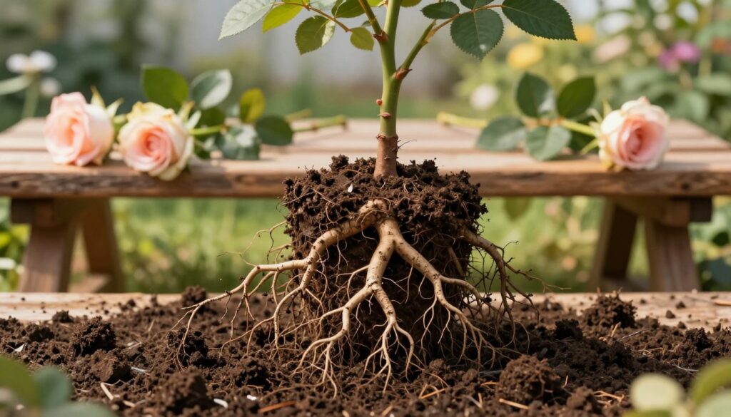 A detailed illustration of a rose bush root system, prominently displayed in the foreground with rich, dark soil surrounding it. The roots are intricate and sprawling, showcasing various sizes and textures, emphasizing the complexity of a healthy root system. In the middle ground, several cut roses are placed on a rustic wooden table, signaling preparation for transplanting. The background features a softly blurred garden setting, bathed in warm, natural sunlight that creates a serene and inviting atmosphere. The lighting highlights the soil's texture and the glossy leaves of the roses, with a gentle depth of field effect that draws attention to the roots. The overall mood is calm and nurturing, reflecting the care involved in preparing plants for new growth.
