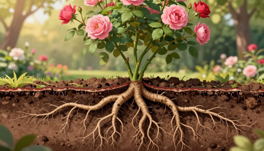 A detailed illustration of a rose plant with an intricate root system, displayed in a cross-section view. In the foreground, focus on the thick, healthy roots sprawling outward, showcasing their fibrous structure and intricate connections to the soil. The middle layer should feature the vibrant green stems and lush leaves of the rose plant, with delicate pink and red blooms bursting forth. In the background, a softly blurred garden setting, filled with soft sunlight filtering through leafy trees, creating a warm and inviting atmosphere. Use a macro lens effect to capture the details of the roots and flowers, enhancing the textures and colors, evoking a sense of growth and rejuvenation. A detailed illustration of a rose plant with an intricate root system, displayed in a cross-section view. In the foreground, focus on the thick, healthy roots sprawling outward, showcasing their fibrous structure and intricate connections to the soil. The middle layer should feature the vibrant green stems and lush leaves of the rose plant, with delicate pink and red blooms bursting forth. In the background, a softly blurred garden setting, filled with soft sunlight filtering through leafy trees, creating a warm and inviting atmosphere. Use a macro lens effect to capture the details of the roots and flowers, enhancing the textures and colors, evoking a sense of growth and rejuvenation.