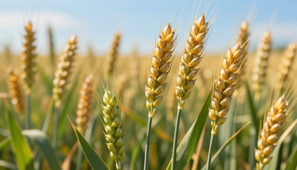 A detailed illustration of wheat plants in the BBCH growth stage, showcasing the development of grain kernels. In the foreground, vibrant green stems with emerging buds are prominently displayed, revealing their unfolding florets. The middle ground features ripe wheat heads, bursting with golden grains, reflecting sunlight, symbolizing the potential yield. In the background, a softly blurred field extends to the horizon under a clear blue sky, with gentle sunlight illuminating the scene, creating a warm and inviting atmosphere. The composition should convey a sense of vitality and growth, emphasizing the importance of this flowering stage in wheat development. Use a shallow depth of field to create focus on the wheat heads while subtly blurring the background. Ideal for an agricultural context, highlighting the significance of this phase. A detailed illustration of wheat plants in the BBCH growth stage, showcasing the development of grain kernels. In the foreground, vibrant green stems with emerging buds are prominently displayed, revealing their unfolding florets. The middle ground features ripe wheat heads, bursting with golden grains, reflecting sunlight, symbolizing the potential yield. In the background, a softly blurred field extends to the horizon under a clear blue sky, with gentle sunlight illuminating the scene, creating a warm and inviting atmosphere. The composition should convey a sense of vitality and growth, emphasizing the importance of this flowering stage in wheat development. Use a shallow depth of field to create focus on the wheat heads while subtly blurring the background. Ideal for an agricultural context, highlighting the significance of this phase.
