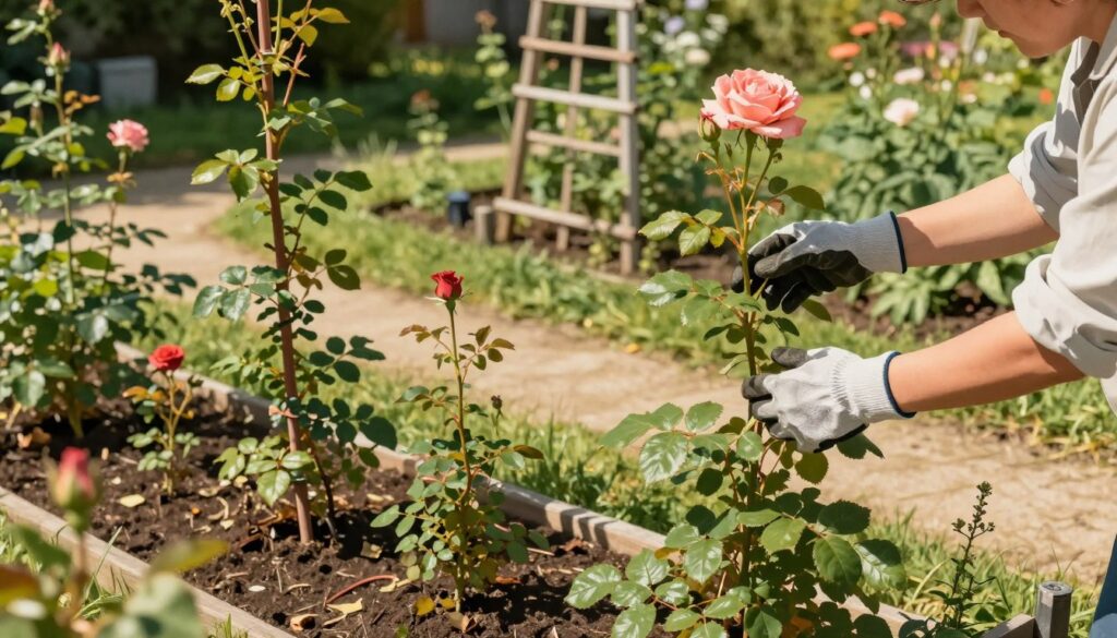 A detailed illustration showcasing common mistakes in cultivating climbing roses. In the foreground, a vibrant garden scene with various climbing rose plants exhibiting poor growth due to improper support structures, such as tangled stems and inadequate pruning. The middle ground features a close-up of a gardener's hands gently inspecting a wilting rose, wearing professional gardening gloves. In the background, a trellis is visible, poorly constructed and overgrown with weeds, casting dappled shadows. The scene is bathed in soft, natural sunlight, creating a warm and inviting atmosphere. The angle is slightly elevated, giving a clear view of the gardening errors, emphasizing the need for proper care techniques.