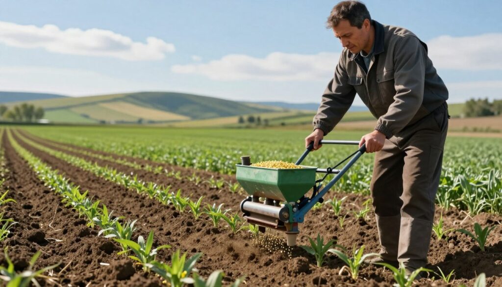 A detailed instructional scene depicting the technique of mustard seed sowing. In the foreground, a farmer in professional attire is using a seed drill, demonstrating precise sowing into a fertile, well-tilled field. The farmer’s focused expression highlights expertise and careful attention to the sowing process. In the middle ground, rows of freshly sown mustard seeds are visible, with soil clumps gently disturbed from the process. The background features a picturesque landscape of rolling hills under a bright blue sky, with wispy clouds. Soft sunlight casts warm, natural light across the scene, emphasizing the healthy green and brown tones of agriculture. The mood is productive and vibrant, showcasing the importance of proper sowing techniques for optimal crop yield.
