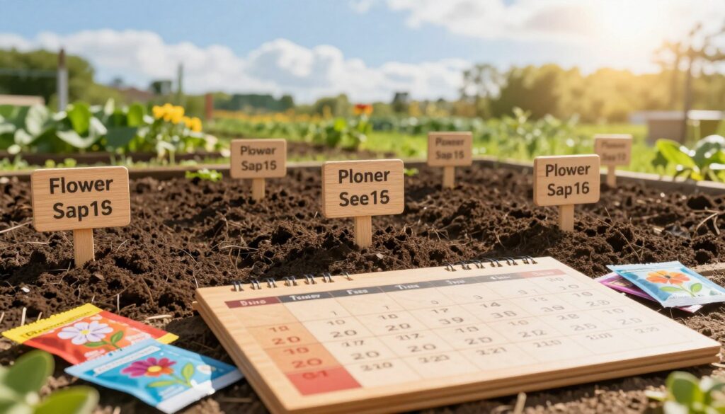A detailed scene depicting the planting dates for various plant groups, focusing on flower seeds. In the foreground, a wooden planting calendar with labeled sections for different flower types, featuring colorful seed packets spread around. In the middle ground, a lush garden area with rows of freshly tilled soil, each row clearly marked with small wooden signs showing the plant names and ideal sowing dates. The background showcases a bright, sunny sky with soft clouds and a vibrant green landscape. The lighting is warm and inviting, casting gentle shadows. The mood is optimistic and educational, reflecting the joy of gardening and planting flowers for even sprouting. The composition emphasizes the importance of timing in planting flowers, encouraging a sense of growth and nurturing. A detailed scene depicting the planting dates for various plant groups, focusing on flower seeds. In the foreground, a wooden planting calendar with labeled sections for different flower types, featuring colorful seed packets spread around. In the middle ground, a lush garden area with rows of freshly tilled soil, each row clearly marked with small wooden signs showing the plant names and ideal sowing dates. The background showcases a bright, sunny sky with soft clouds and a vibrant green landscape. The lighting is warm and inviting, casting gentle shadows. The mood is optimistic and educational, reflecting the joy of gardening and planting flowers for even sprouting. The composition emphasizes the importance of timing in planting flowers, encouraging a sense of growth and nurturing.