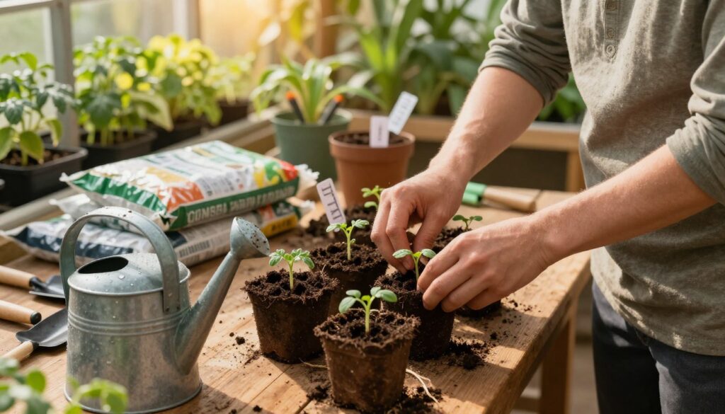 A detailed scene depicting the preparation of cherry tomato seedlings. In the foreground, a gardener in modest casual clothing carefully arranges small pots filled with rich, dark soil, each containing a tiny green sprout. A watering can is nearby, glistening with droplets of water, ready for use. The middle ground features a wooden table cluttered with gardening tools: a trowel, soil bags, and labels for the seedlings. In the background, a sunny greenhouse filled with vibrant plants casts a warm, golden light that enhances the nurturing atmosphere. Soft shadows create a calm mood. The camera angle is slightly above, focusing on the hands of the gardener at work, inviting viewers to engage in the preparation process. A detailed scene depicting the preparation of cherry tomato seedlings. In the foreground, a gardener in modest casual clothing carefully arranges small pots filled with rich, dark soil, each containing a tiny green sprout. A watering can is nearby, glistening with droplets of water, ready for use. The middle ground features a wooden table cluttered with gardening tools: a trowel, soil bags, and labels for the seedlings. In the background, a sunny greenhouse filled with vibrant plants casts a warm, golden light that enhances the nurturing atmosphere. Soft shadows create a calm mood. The camera angle is slightly above, focusing on the hands of the gardener at work, inviting viewers to engage in the preparation process.